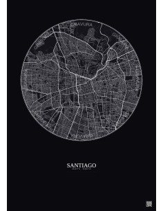 Affiche Santiago – Poster carte de ville 10km | Gravura – Fond foncé