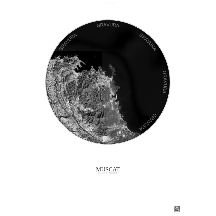 Affiche Muscat – Poster vue satellite 6km N&B | Gravura – Fond clair