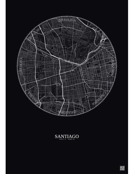 Affiche Santiago – Poster carte de ville 6km | Gravura – Fond foncé