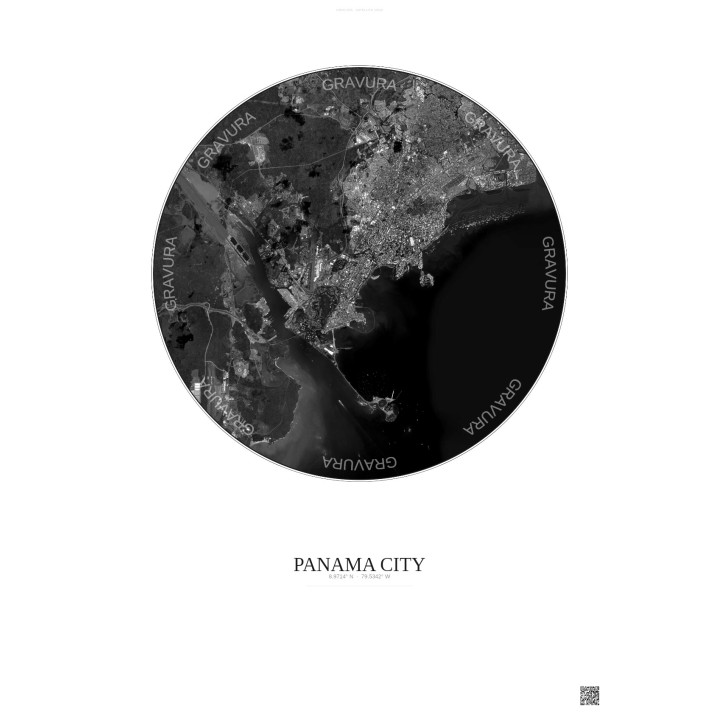 Panama City Satellite View Poster 10km B&W | Gravura – Light background