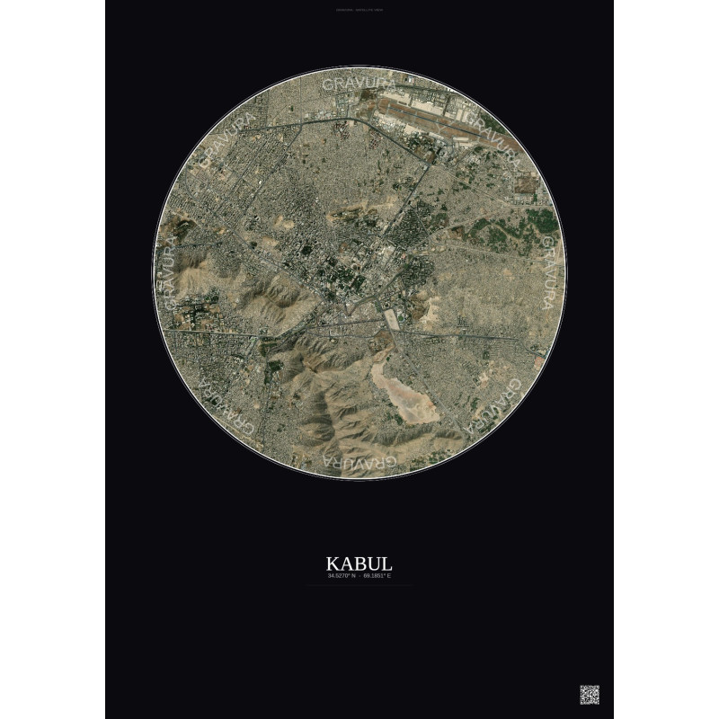 Affiche Kabul – Poster vue satellite 6km Couleur | Gravura – Fond foncé