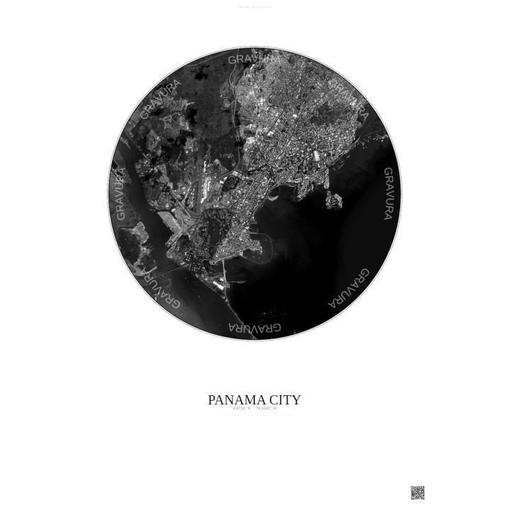 Affiche Panama City – Poster vue satellite 6km N&B | Gravura – Fond clair