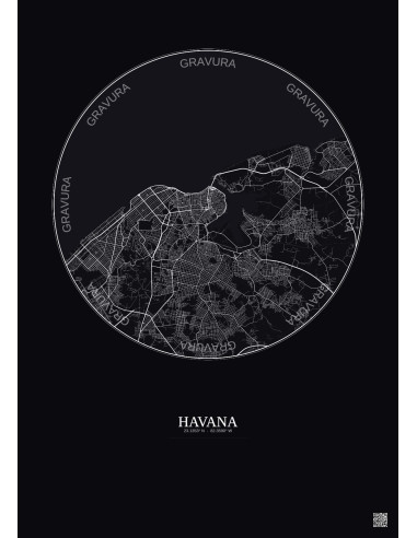 Affiche Havana – Poster carte de ville 10km | Gravura – Fond foncé