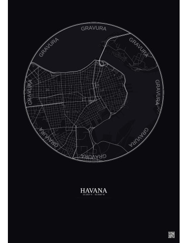 Affiche Havana – Poster carte de ville 2.5km | Gravura – Fond foncé
