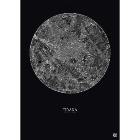 Affiche Tirana – Poster vue satellite 10km N&B | Gravura – Fond foncé