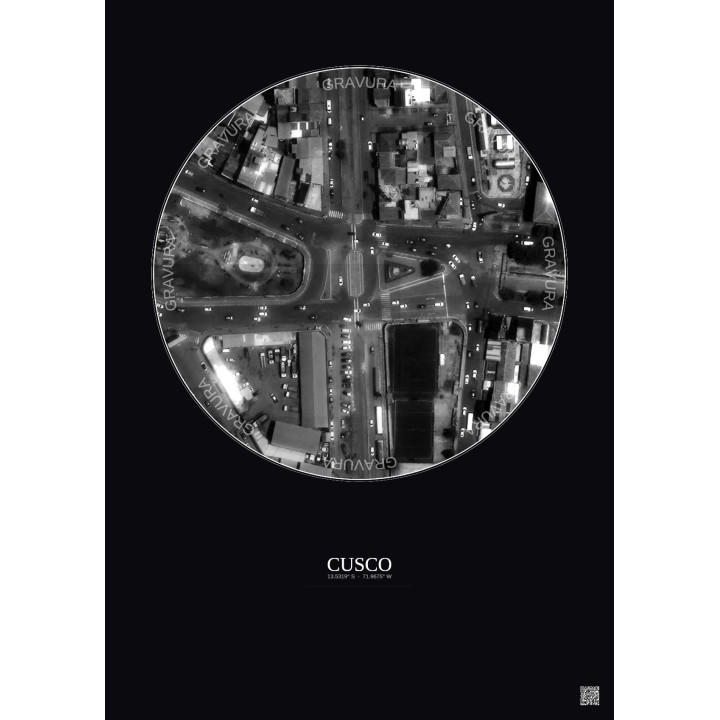 Affiche Cusco – Poster vue satellite 0.1km N&B | Gravura – Fond foncé