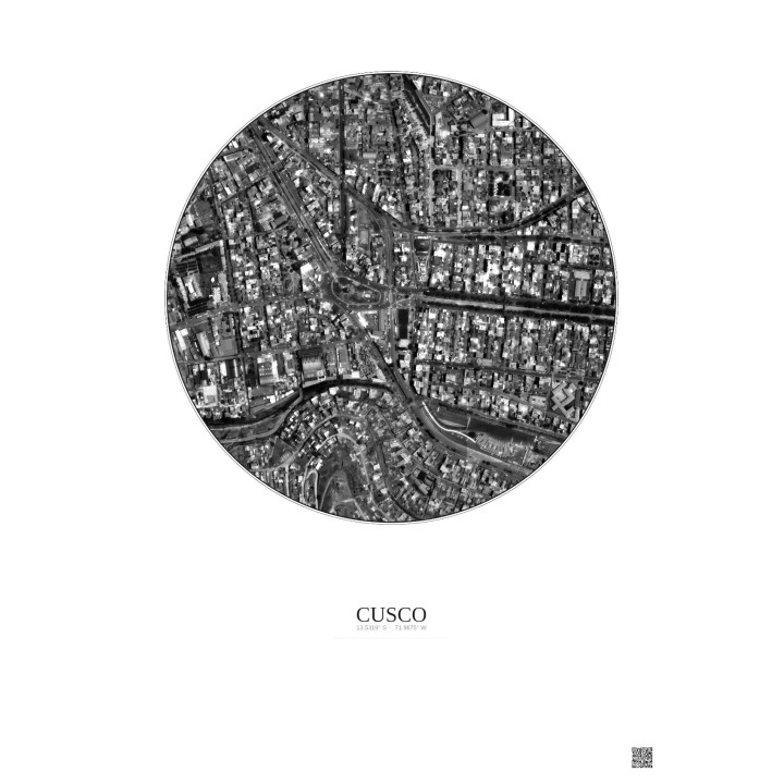 Affiche Cusco – Poster vue satellite 0.5km N&B | Gravura – Fond clair