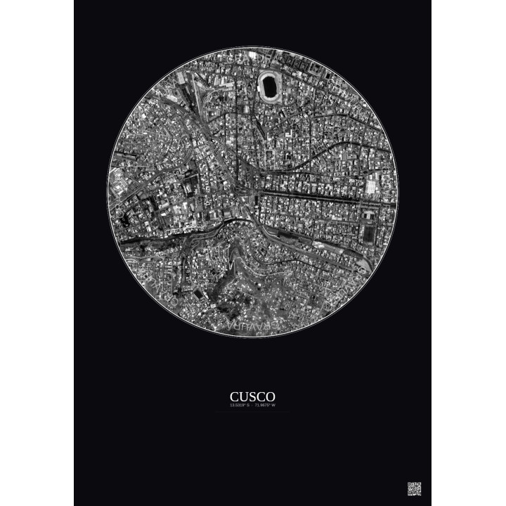 Affiche Cusco – Poster vue satellite 1km N&B | Gravura – Fond foncé