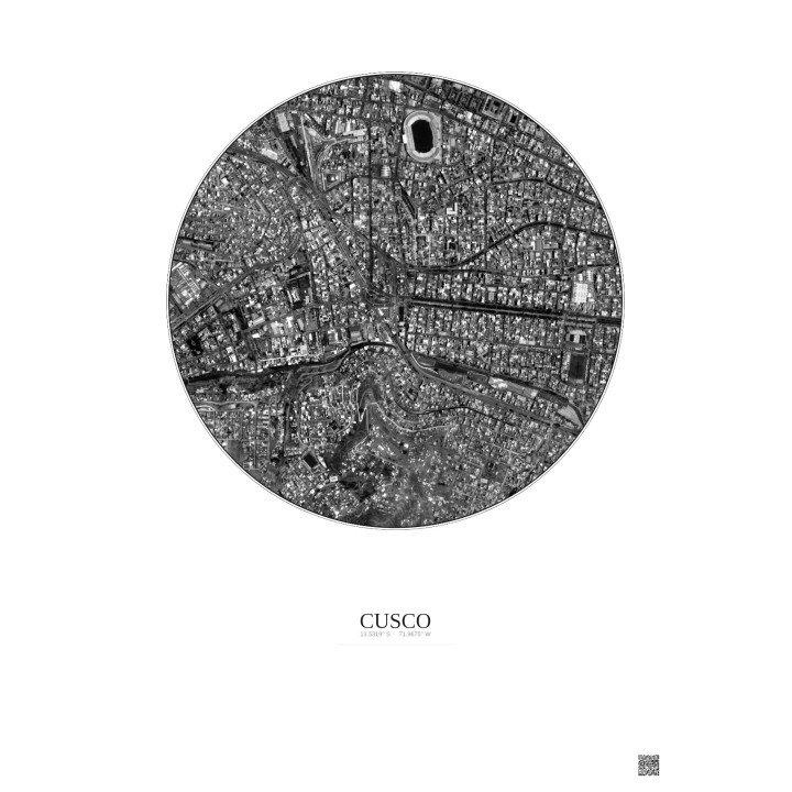 Affiche Cusco – Poster vue satellite 1km N&B | Gravura – Fond clair