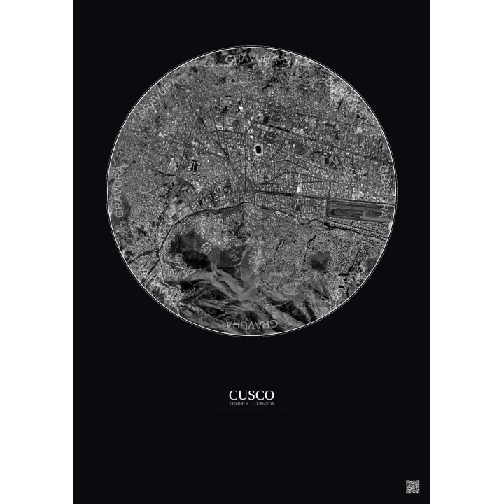Affiche Cusco – Poster vue satellite 2.5km N&B | Gravura – Fond foncé