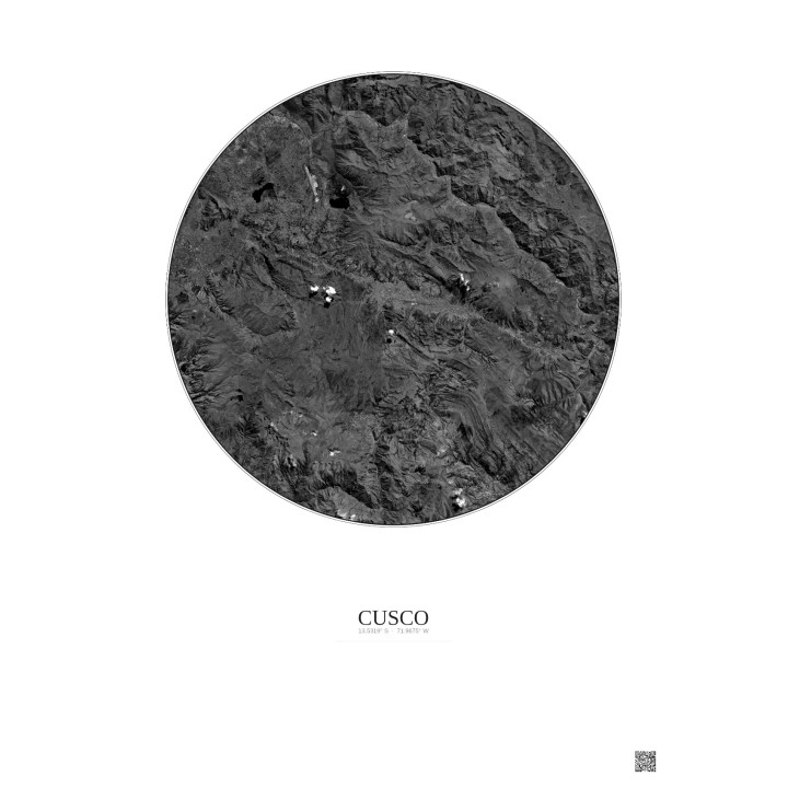 Affiche Cusco – Poster vue satellite 30km N&B | Gravura – Fond clair