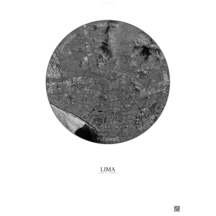 Affiche Lima – Poster vue satellite 10km N&B | Gravura – Fond clair