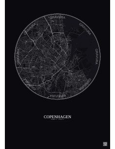 Affiche Copenhagen – Poster carte de ville 6km | Gravura – Fond foncé