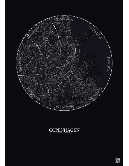 Affiche Copenhagen – Poster carte de ville 6km | Gravura – Fond foncé