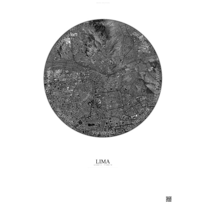 Affiche Lima – Poster vue satellite 6km N&B | Gravura – Fond clair