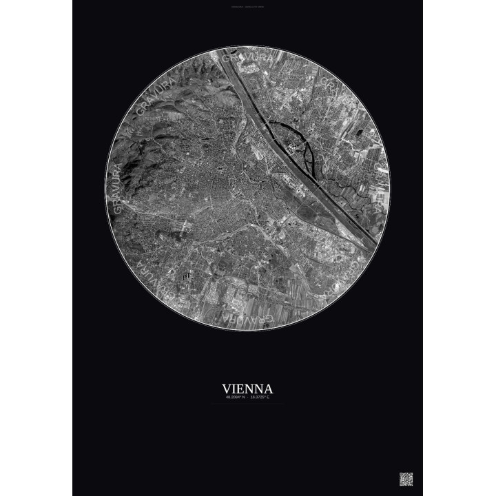 Affiche Vienna – Poster vue satellite 10km N&B | Gravura – Fond foncé