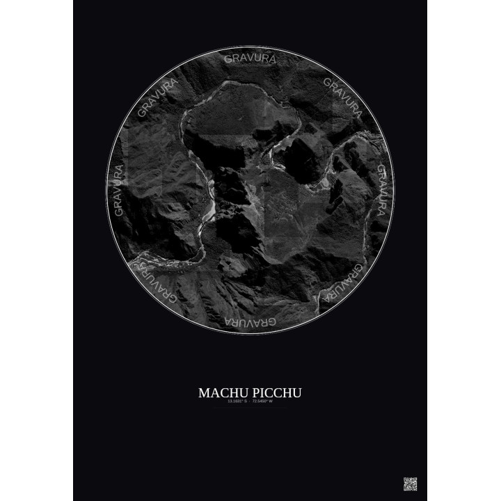 Affiche Machu Picchu – Poster vue satellite 2.5km N&B | Gravura – Fond foncé