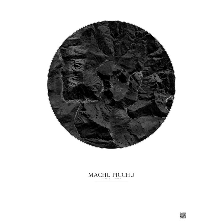 Affiche Machu Picchu – Poster vue satellite 5km N&B | Gravura – Fond clair