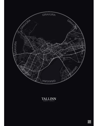 Affiche Tallinn – Poster carte de ville 6km | Gravura – Fond foncé