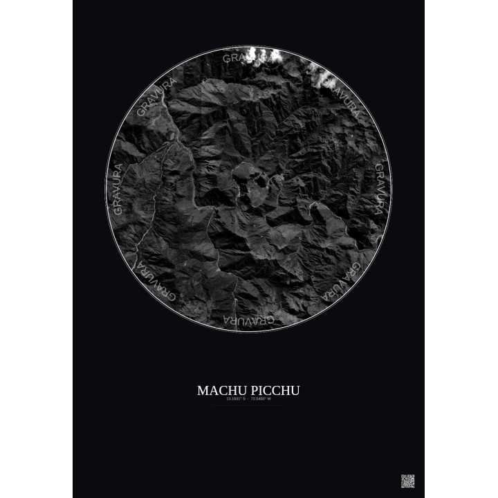 Affiche Machu Picchu – Poster vue satellite 10km N&B | Gravura – Fond foncé