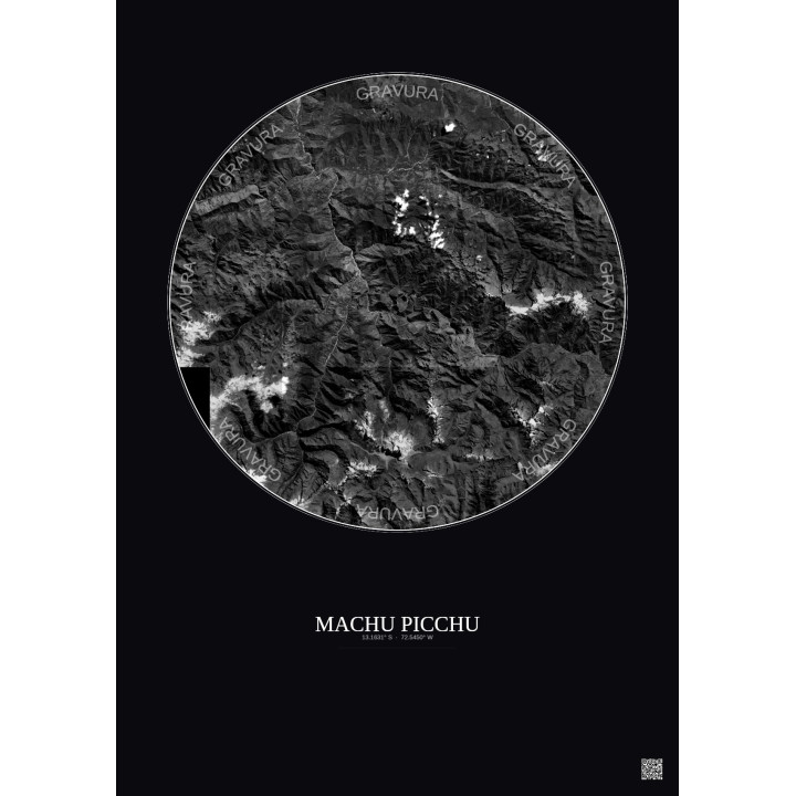Affiche Machu Picchu – Poster vue satellite 30km N&B | Gravura – Fond foncé