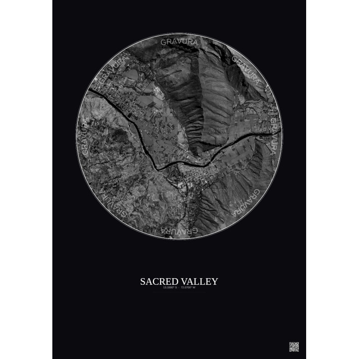 Affiche Sacred Valley – Poster vue satellite 2.5km N&B | Gravura – Fond foncé