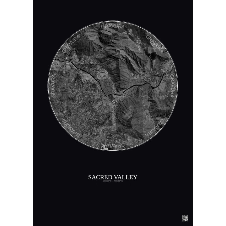 Affiche Sacred Valley – Poster vue satellite 5km N&B | Gravura – Fond foncé