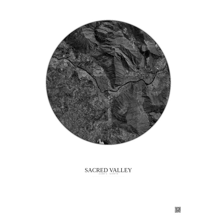 Affiche Sacred Valley – Poster vue satellite 5km N&B | Gravura – Fond clair