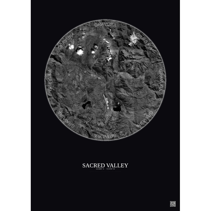 Affiche Sacred Valley – Poster vue satellite 20km N&B | Gravura – Fond foncé