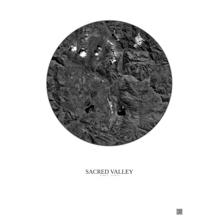 Sacred Valley Satellite View Poster 20km B&W | Gravura – Light background