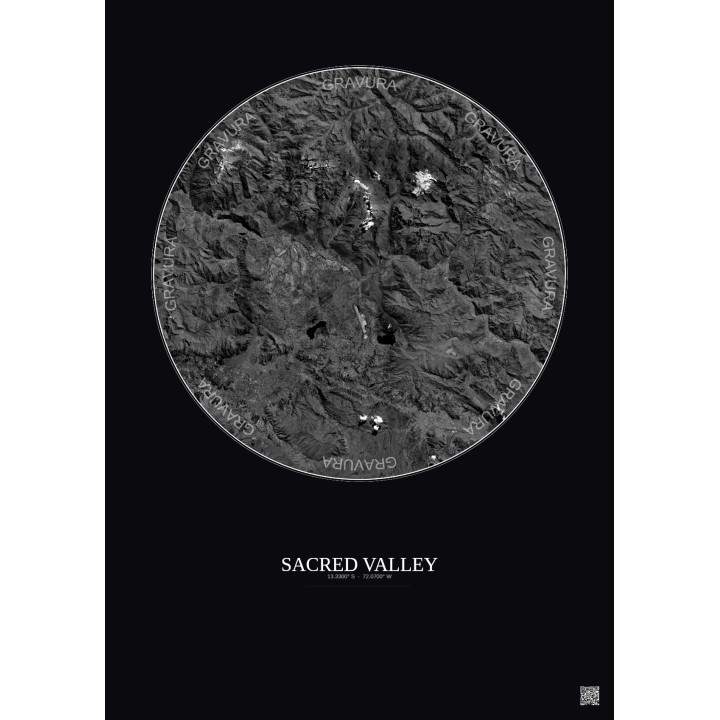 Sacred Valley Satellite View Poster 30km B&W | Gravura – Dark background
