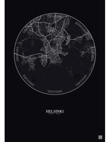 Affiche Helsinki – Poster carte de ville 6km | Gravura – Fond foncé