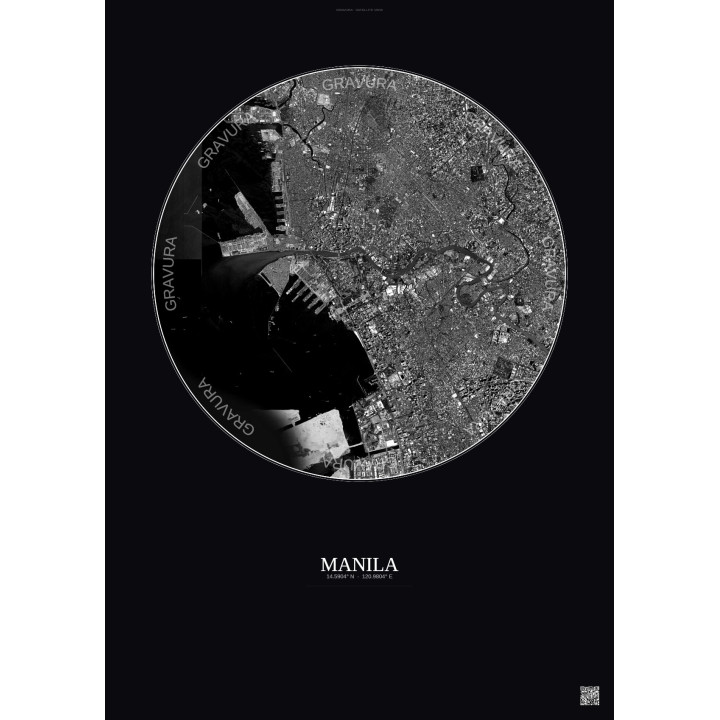 Affiche Manila – Poster vue satellite 6km N&B | Gravura – Fond foncé