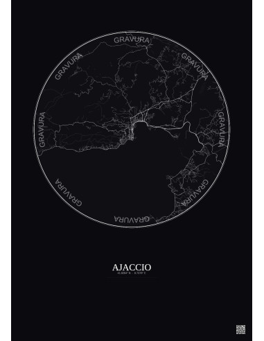 Affiche Ajaccio – Poster carte de ville 10km | Gravura – Fond foncé