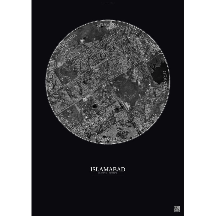 Affiche Islamabad – Poster vue satellite 6km N&B | Gravura – Fond foncé