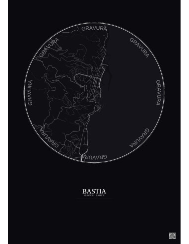 Affiche Bastia – Poster carte de ville 2.5km | Gravura – Fond foncé