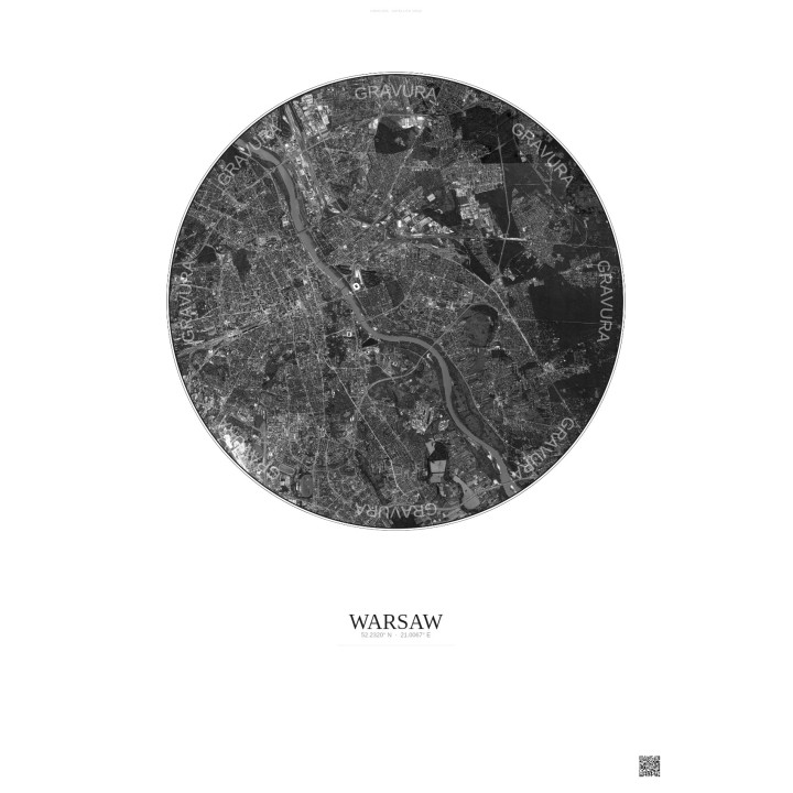 Affiche Warsaw – Poster vue satellite 10km N&B | Gravura – Fond clair