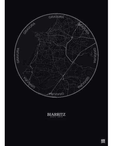 Affiche Biarritz – Poster carte de ville 2.5km | Gravura – Fond foncé
