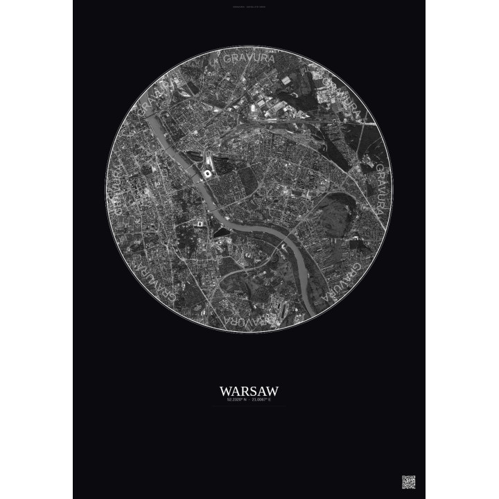 Affiche Warsaw – Poster vue satellite 6km N&B | Gravura – Fond foncé
