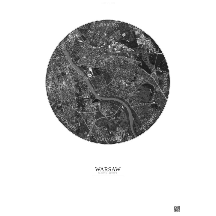 Affiche Warsaw – Poster vue satellite 6km N&B | Gravura – Fond clair