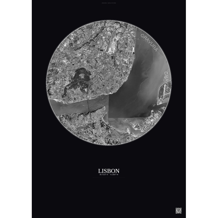 Affiche Lisbon – Poster vue satellite 10km N&B | Gravura – Fond foncé