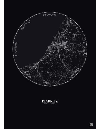 Affiche Biarritz – Poster carte de ville 20km | Gravura – Fond foncé