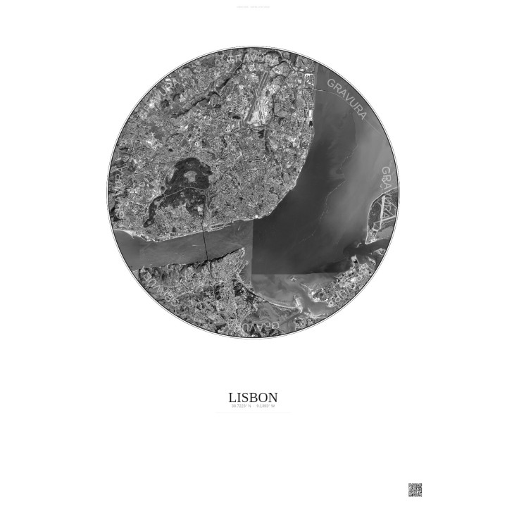 Affiche Lisbon – Poster vue satellite 10km N&B | Gravura – Fond clair