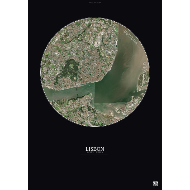 Lisbon Satellite View Poster 10km Color | Gravura – Dark background