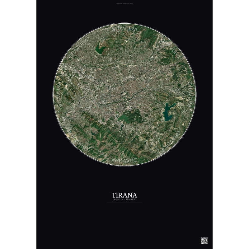 Affiche Tirana – Poster vue satellite 6km Couleur | Gravura – Fond foncé
