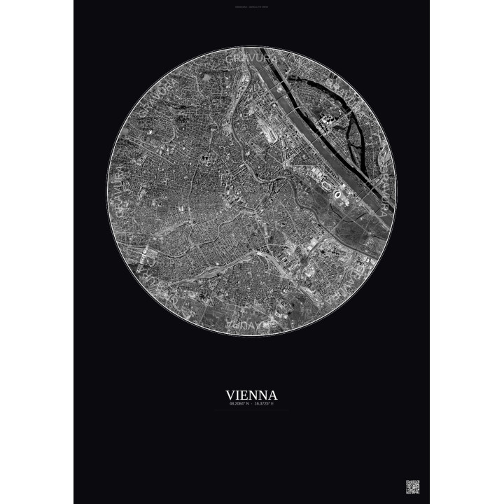 Affiche Vienna – Poster vue satellite 6km N&B | Gravura – Fond foncé