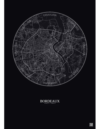 Affiche Bordeaux – Poster carte de ville 10km | Gravura – Fond foncé