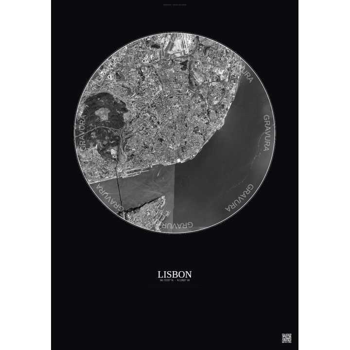 Affiche Lisbon – Poster vue satellite 6km N&B | Gravura – Fond foncé