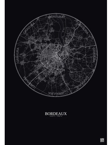 Affiche Bordeaux – Poster carte de ville 20km | Gravura – Fond foncé