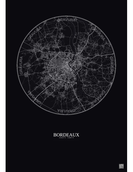 Affiche Bordeaux – Poster carte de ville 20km | Gravura – Fond foncé